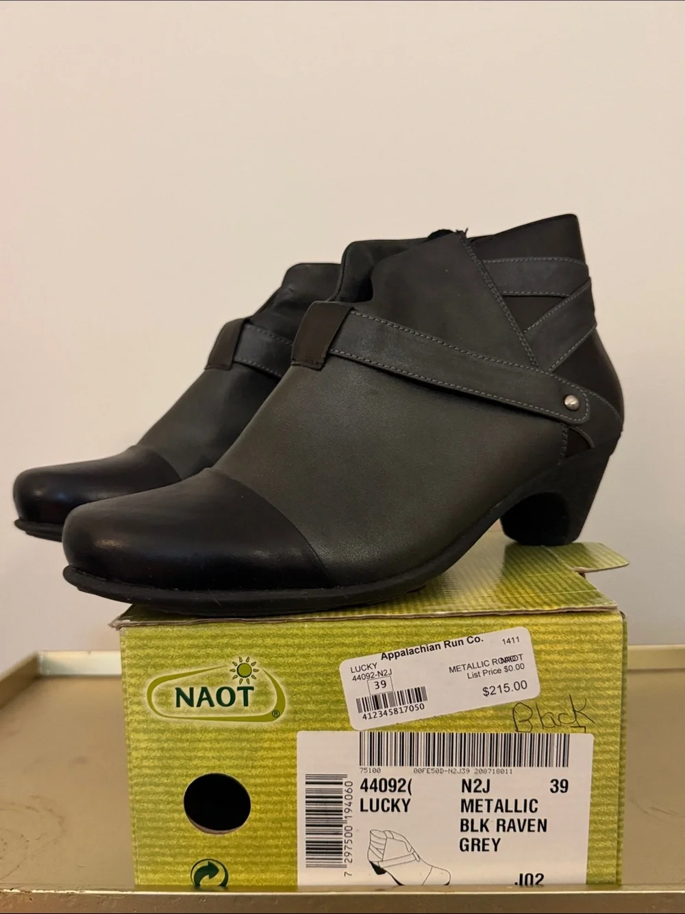 Naot- Lucky Metallic Black and Raven Grey Ankle Booties